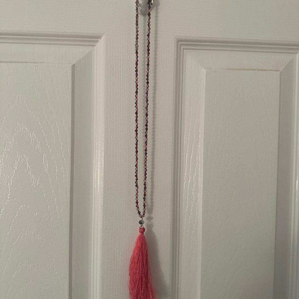 Beaded Tassel Pendant Necklace in Hot Pink